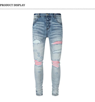 Fashion Designer Men Jeans High Quality Black Stretch Skinny Fit Leather Patched Ripped Jeans Men Y2K Brand Hip Hop Denim Pants