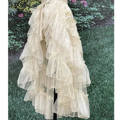 Women Double Layered Lolita Temperament Waist Curtain Sheer Cover Up High Low Skirt w. Asymmetrical Ruffles Skirts 2024 New