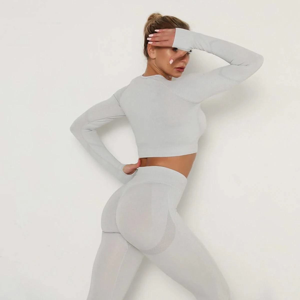 Woman Sports Yoga Top Knitted Shirt Seamless Athletic Crop Top  Long Sleeve