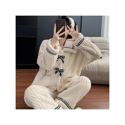 Women Fall Winter 2/pce Set Pajamas Flannel Loungewear Women Coral Thickened Fleece Sweet Princess Style Thermal Clothes Pajama