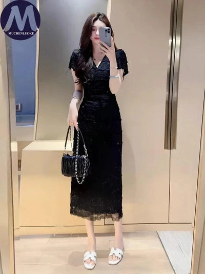 Elegant Sexy Crochet Flower Short Sleeve V Neck Dress, Slim Fit High Waisted Lace Up Dress for Women