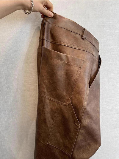 Mauroicardi Autumn Long Retro Cool Baggy Distressed Washed Brown Soft Pu Leather Wide Leg Pants for Men Luxury Designer Clothes