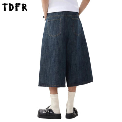 Retro Jacquard Denim Shorts Mens Pocket Summer Streetwear Washed Distressed Loose Wide Leg Short Jeans Men