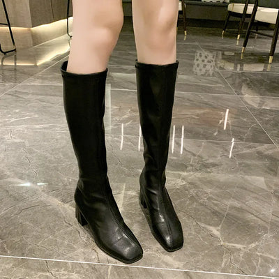 Knee-high  Boots Women's Autumn Winter Faion Briti Sle Flat Head Slimming High-calf Boots Waterproof PU Leather