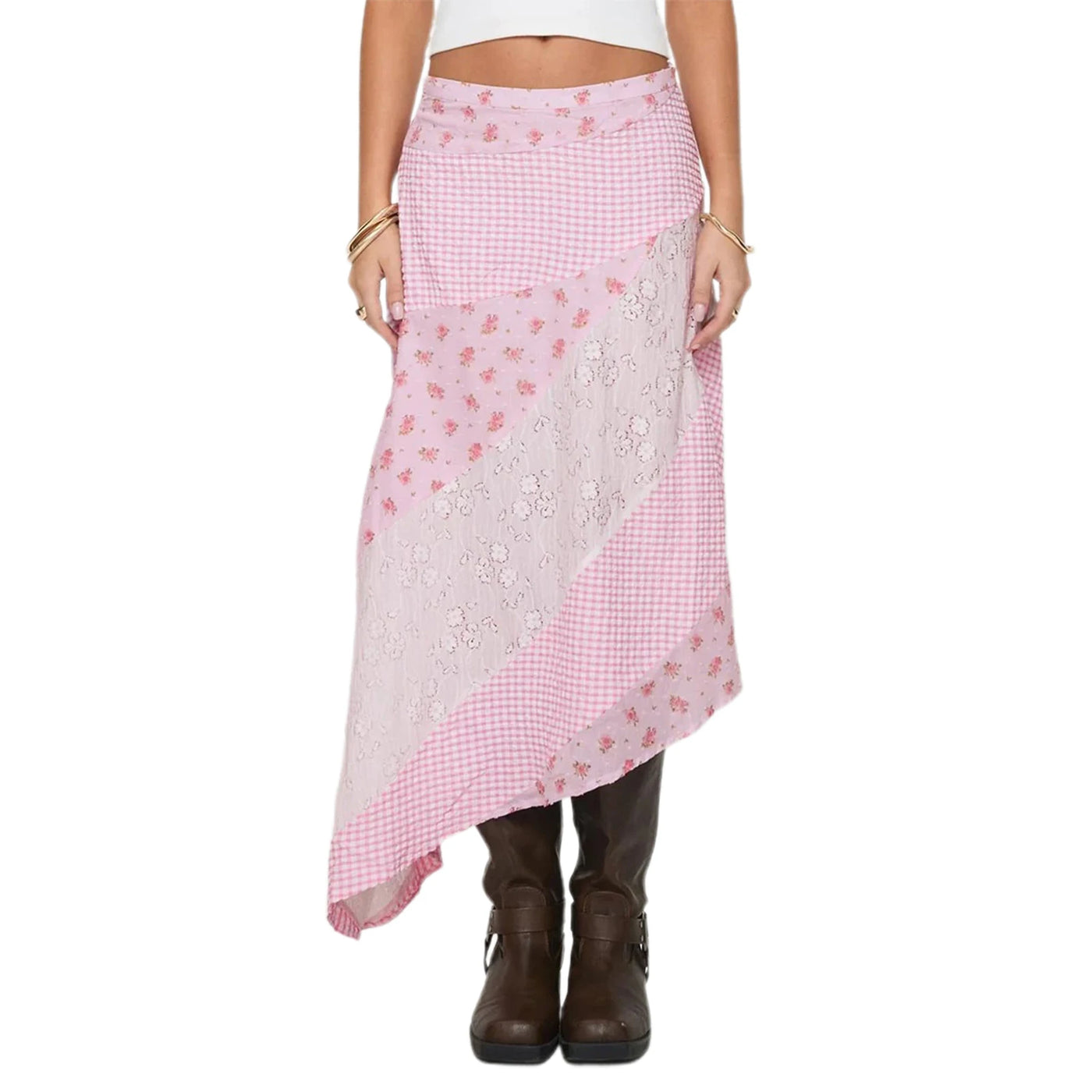 Women's Flowy Midi Skirt Vintage Low Waist Floral/Dots Print Long Skirt Lightweight Fall Skirt
