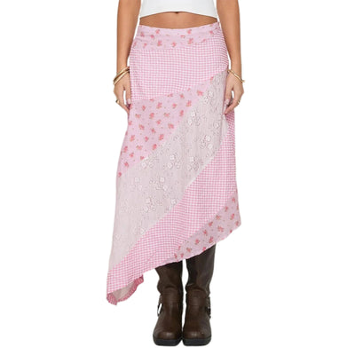 Women's Flowy Midi Skirt Vintage Low Waist Floral/Dots Print Long Skirt Lightweight Fall Skirt