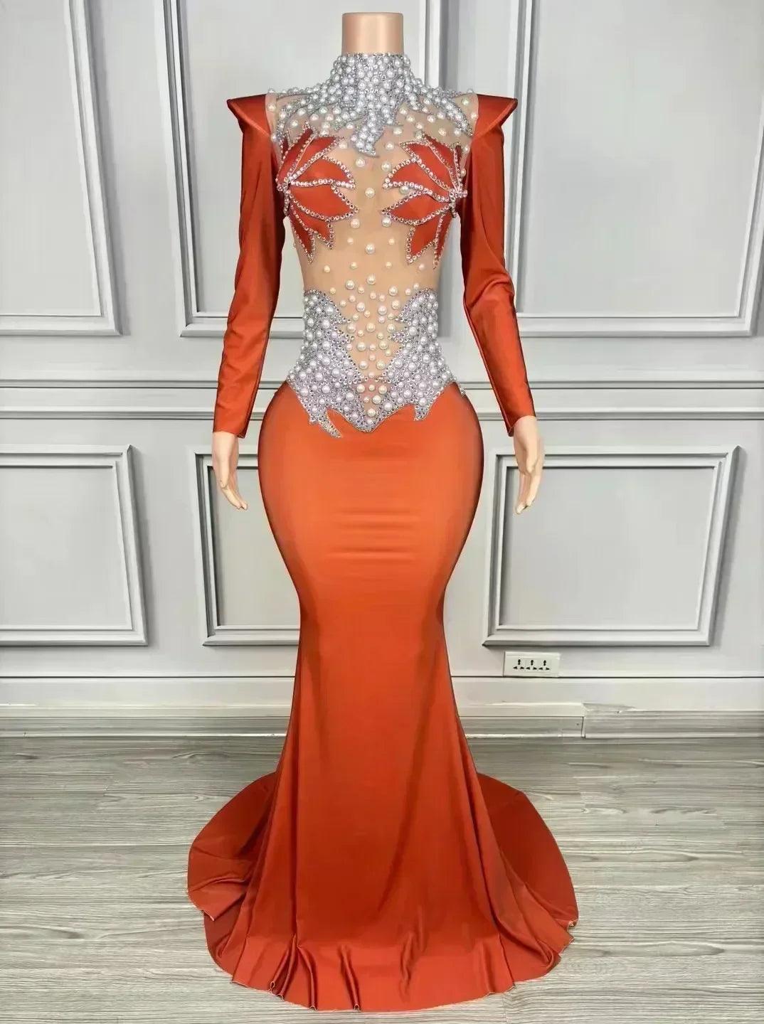 Women luxury evening party elegant gowns sing stage performance costume white pearls see through mesh maxi long dresses