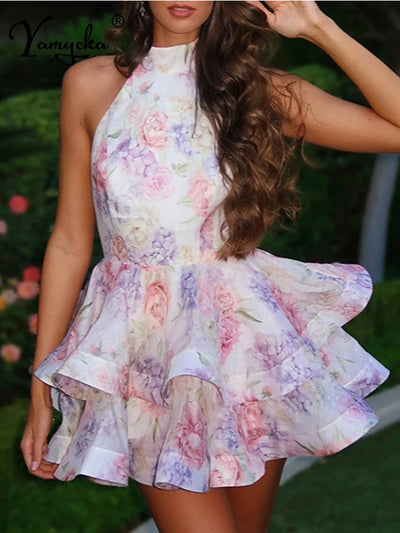 Sexy backless floral print slip summer dress women elegant birthday party dresses woman vacation evening short dresses vestidos