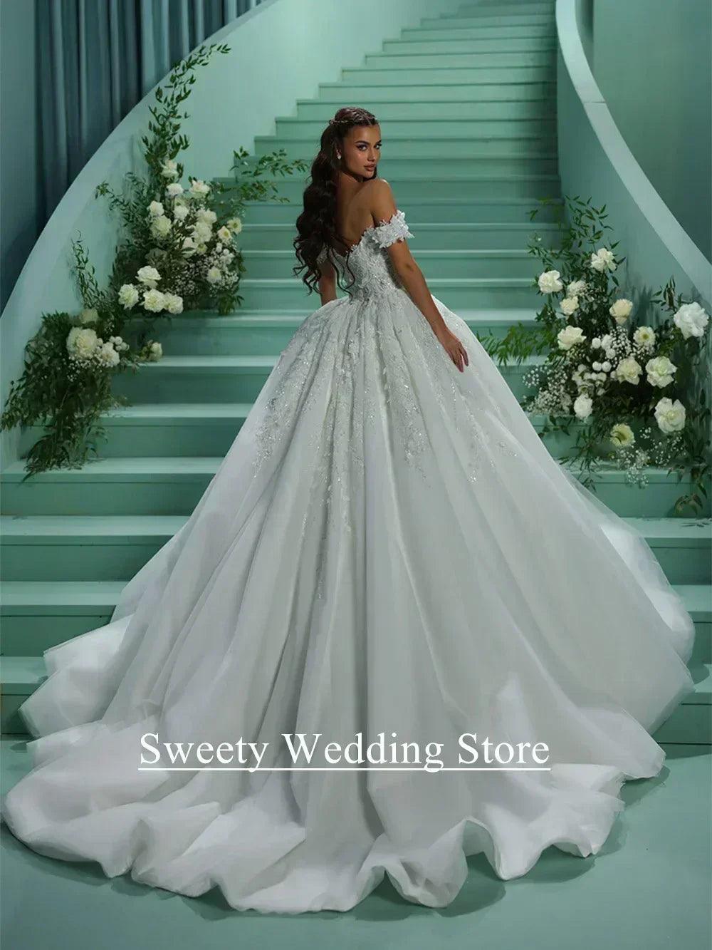 Ball gown wedding dress for bride off the shoulder v neck sparkling beading