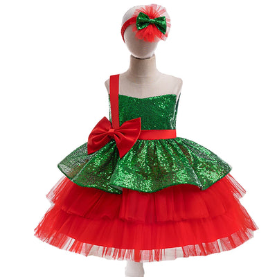 Christmas Dresses Girl Cartoon Print Princess Dress Children Red and Green Sequined Mesh Puff BalL Gown Carnival Clothes