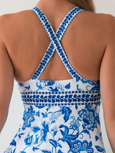 Summer Two Pieces Swimsuit 2024 Vintage Floral Print Swimwear Female Tankini Sets Deep V Beach Wear Women Swimming Bathing Suit