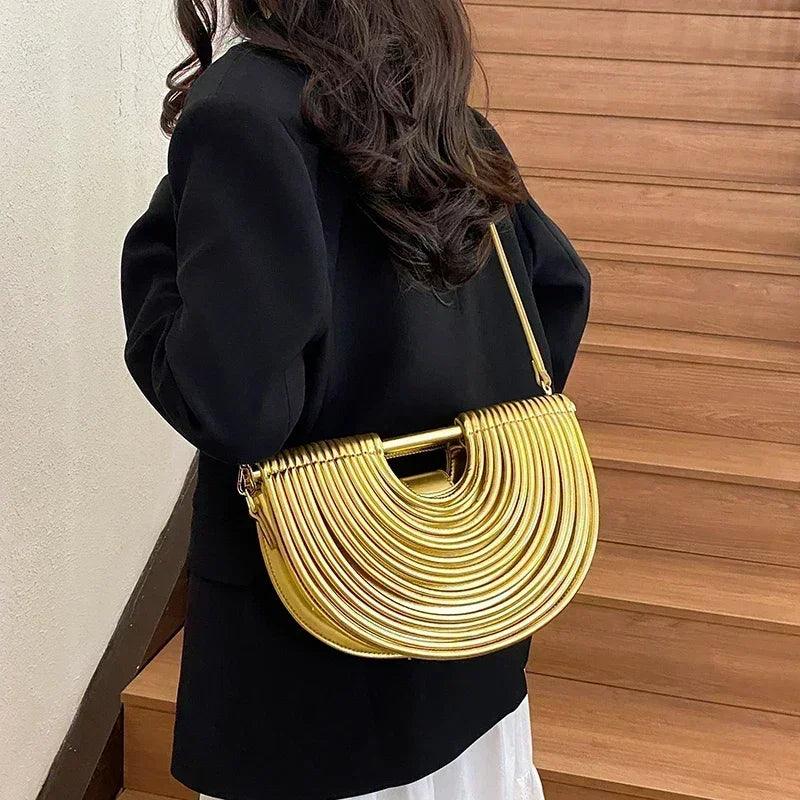 Handbags for women 2025 new gold luxury designer brand handwoven noodle bags rope knotted pulled half moon silver