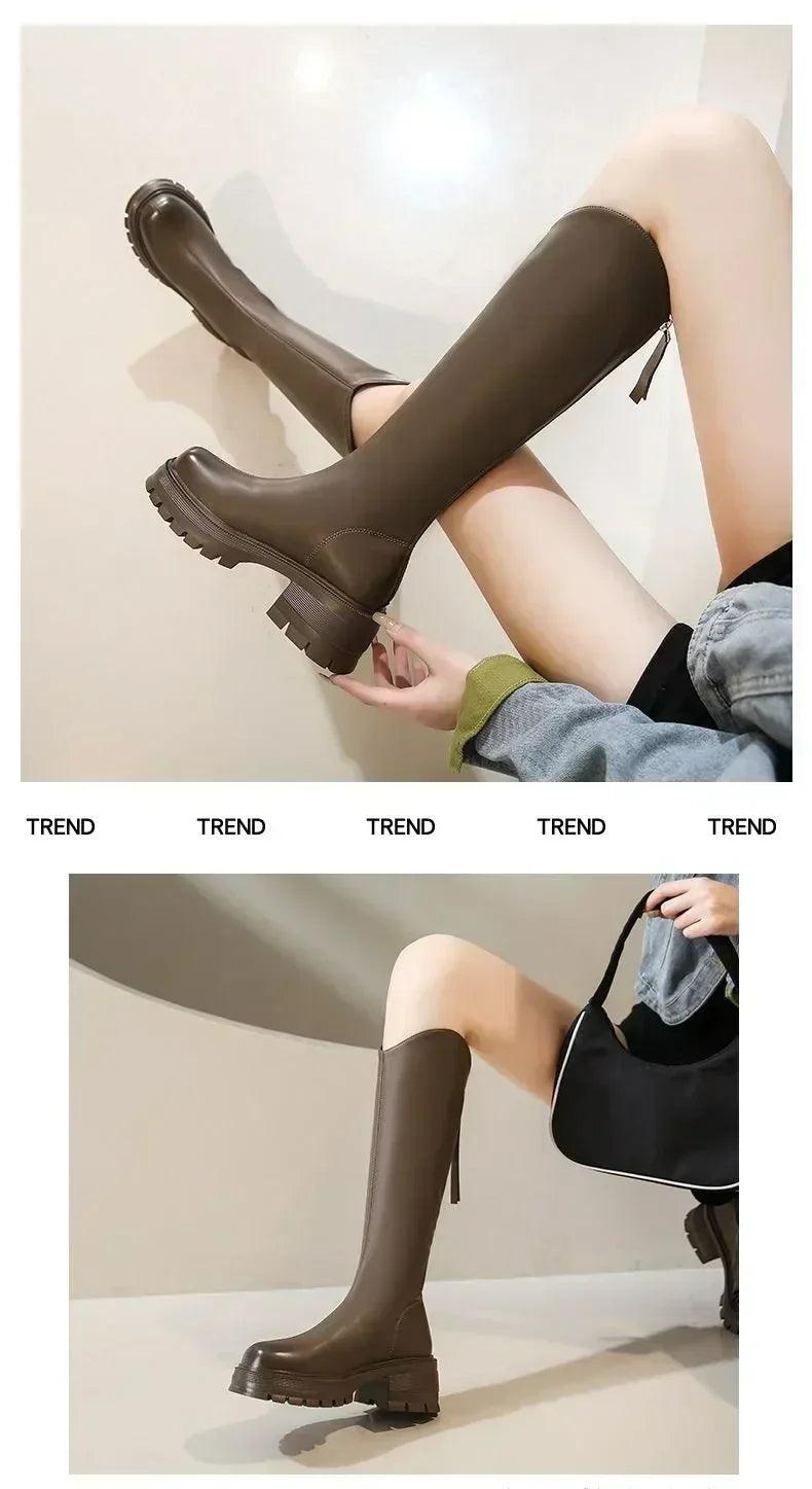 Long tube boots for women 2025 winter new height increasing knight thick heel retro versatile women’s