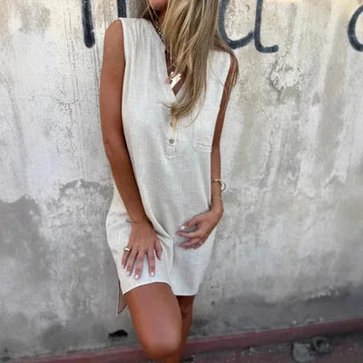 2025 Fashion Casual Cotton Linen Dresses For Women Summer Sleeveless Button Pocket Deep V Neck Party Mini Female Dresses Blue
