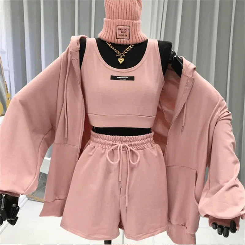Shorts Three 3 Piece Sets Women Casual Vest Drawstring Short Hooded Zipper Jacket Sportswear Suits Y2k Streetwear Sports Hoodies