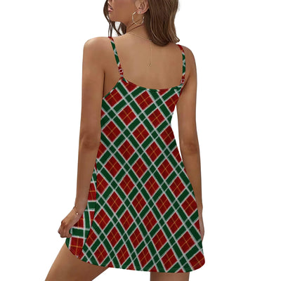 Women's Slip Dress, Red Green Tartan Plaid Print, Sleeveless, S-3XL Christmas Party