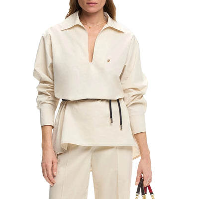 Women Shirts Elegant Soild Embroidery Casual Tops V Neck Long Sleeve Belt Decoration Loose Tops Fashion Office Ladies Shirts