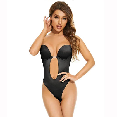 Invisible Shaper Bra Sexy Bodysuit Corset Backless Deep V-Neck U Plunge Thong Waist Trainer Clear Strap Padded Push Up Shapewear