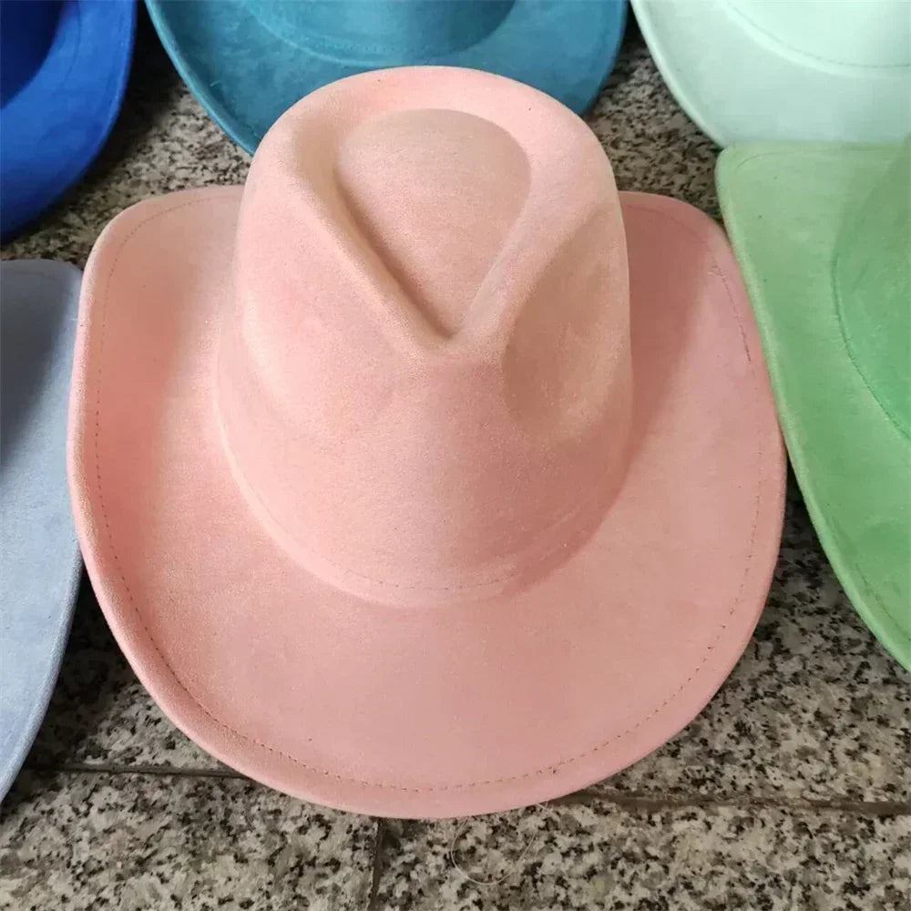 Classic suede leather 7.5cm western cowboy women’s fedora hat men’s church jazz fashion travel party denim 2024