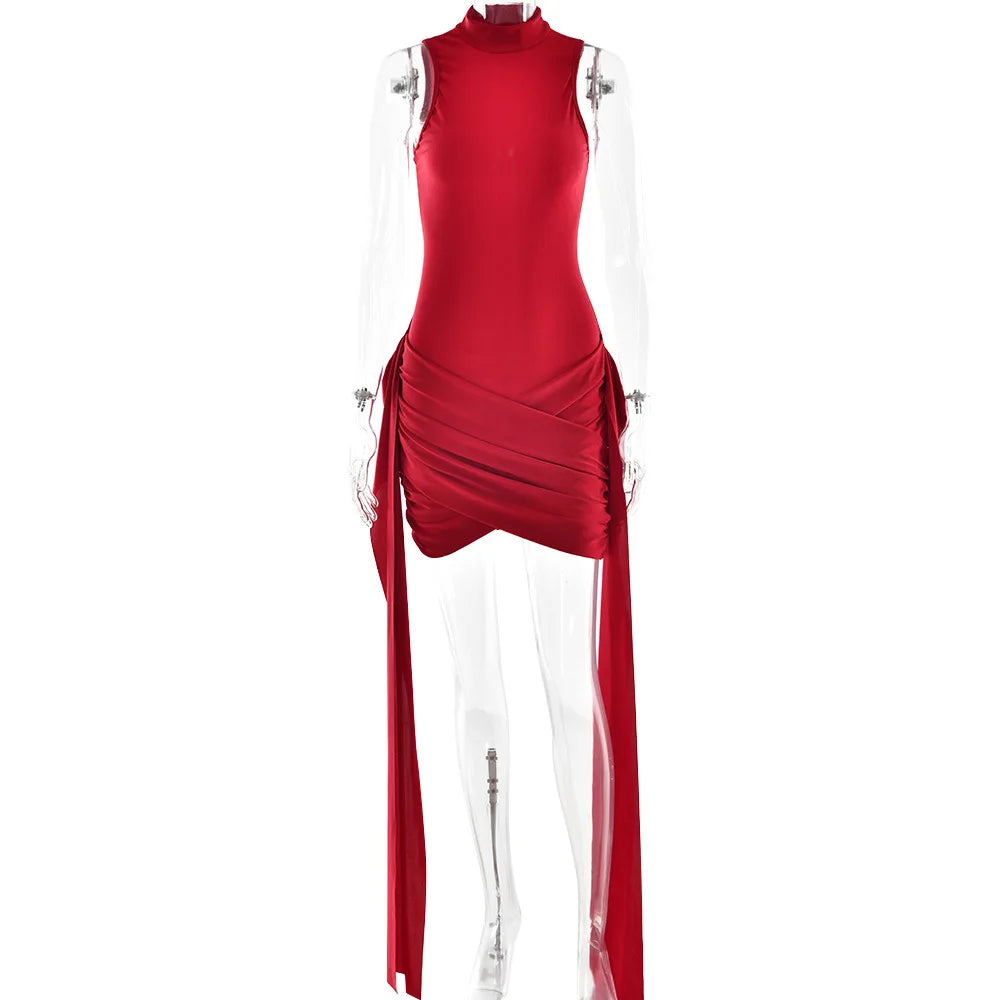 Turtleneck Sleeveless Sexy Mini Dress for Women Fashion Irregular Ruched Tank Dress Femme Elegant Club Party Dress Vintage Y2k