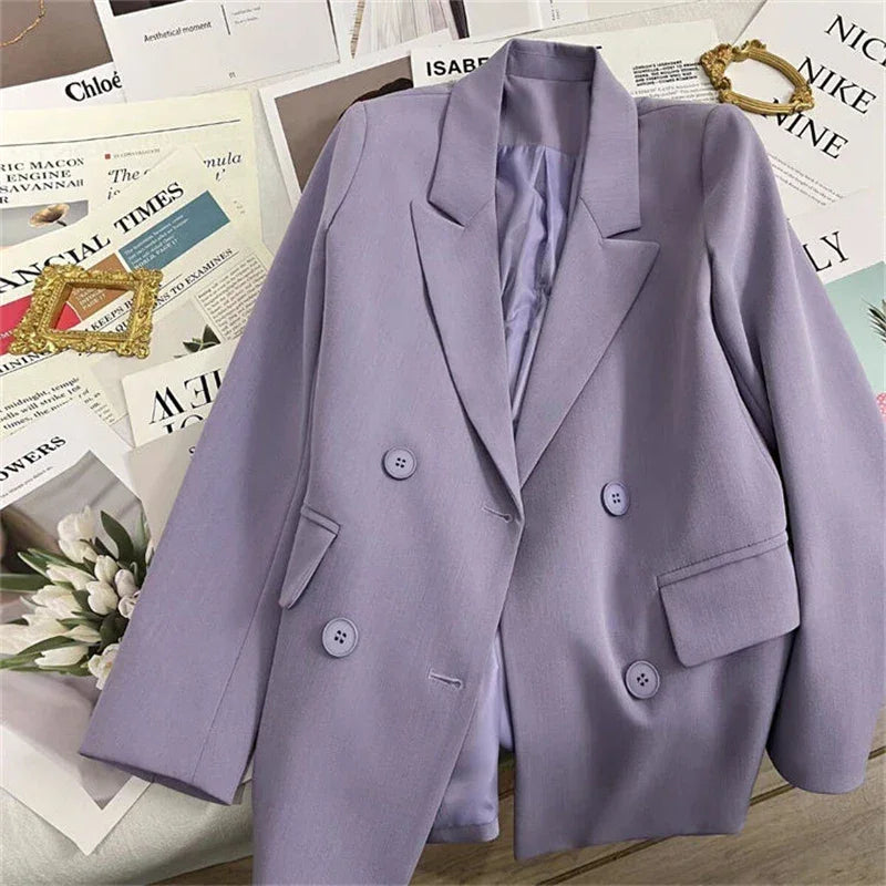Women's Blazer Double Breasted Office Wear Suit Coats 2025 Fashion Jackets Long Sleeve Flap Pockets Chic Female Outerwear