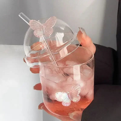 400ML Glass Cup with Lid and Straw, Butterfly Design Round Glass Drinkware, Multipurpose for Coffee, Milk, Cold Drinks, Juice