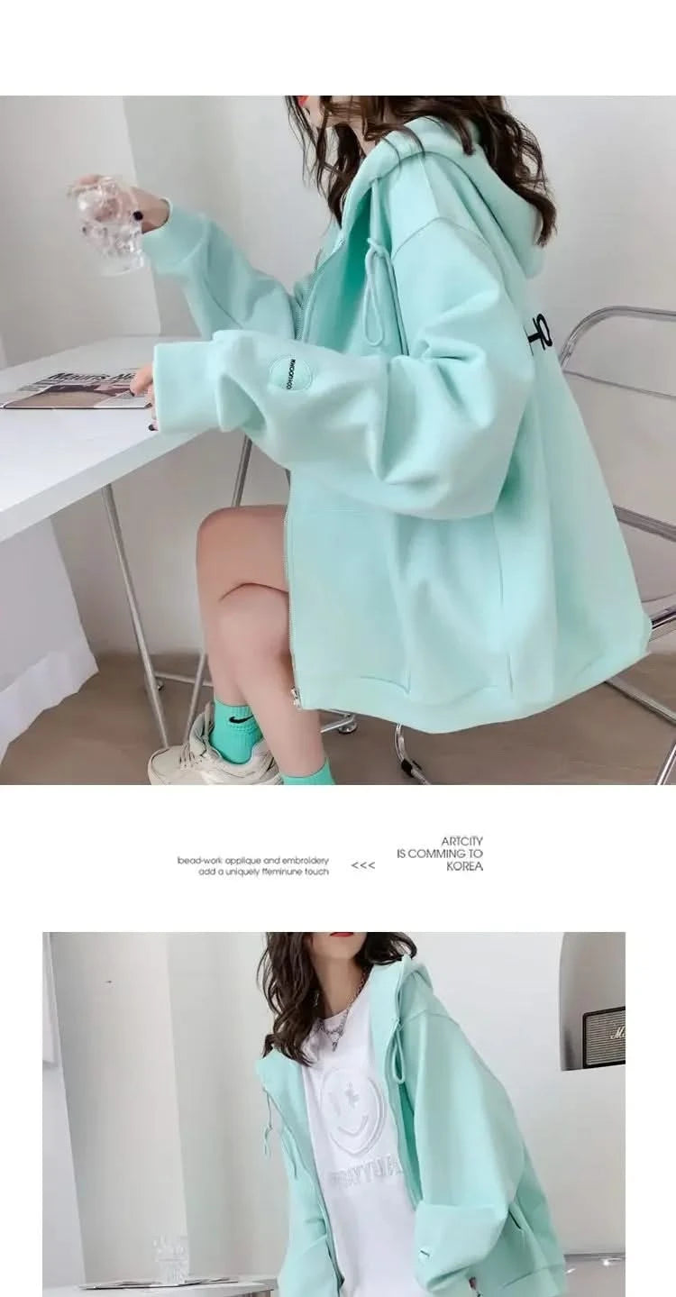 Casual Zip up Hooded Sweatshirt Candy Colour for Women Tops