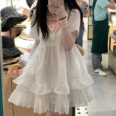 Sweet Summer Dress for Women Bow Tunic A-line Summer Robe Femme Short Sleeve Ruffles Cute Loose Dresses 2025 Vestidos De Mujer