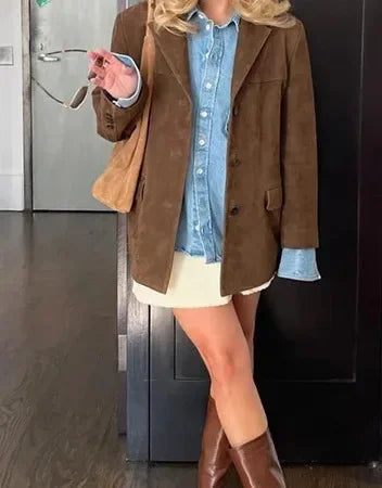 2024 Women's Autumn Coats Vintage Brown Suede Leather Women's Blazer Jacket Fashion Lapel Single Breasted Pocket Short Jacket - Elanique