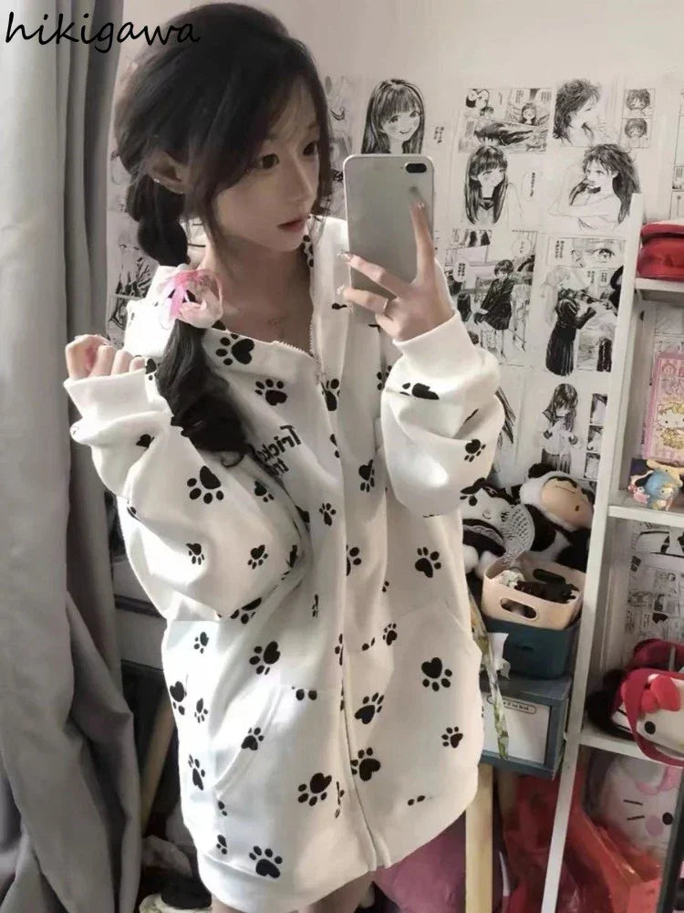 Print Hooded Hoodies 2025 Women Clothing Streetwear Oversized Jackets Ropa Mujer Casual Fashion Zipper Japanese Y2k Sweatshirts