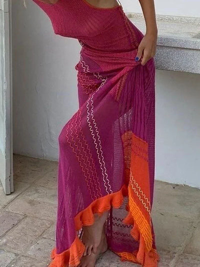 Crochet Knitted Dress for Women Contrast Hollow-Out See-Through One Shoulder Long Sleeve Beach Dress Bikini Cover-Ups