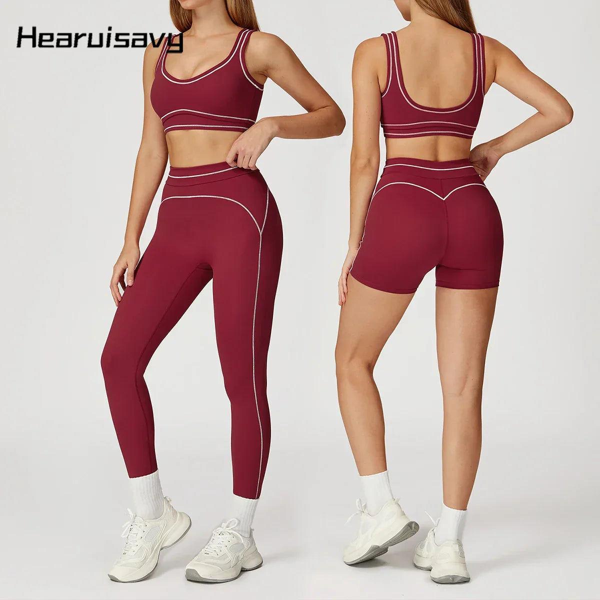 Hearuisavy 2Pcs Women Tracksuit Double Shoulder Straps U-Back Sports Bra High Waist Yoga Leggings Cycling Running Fitness Shorts