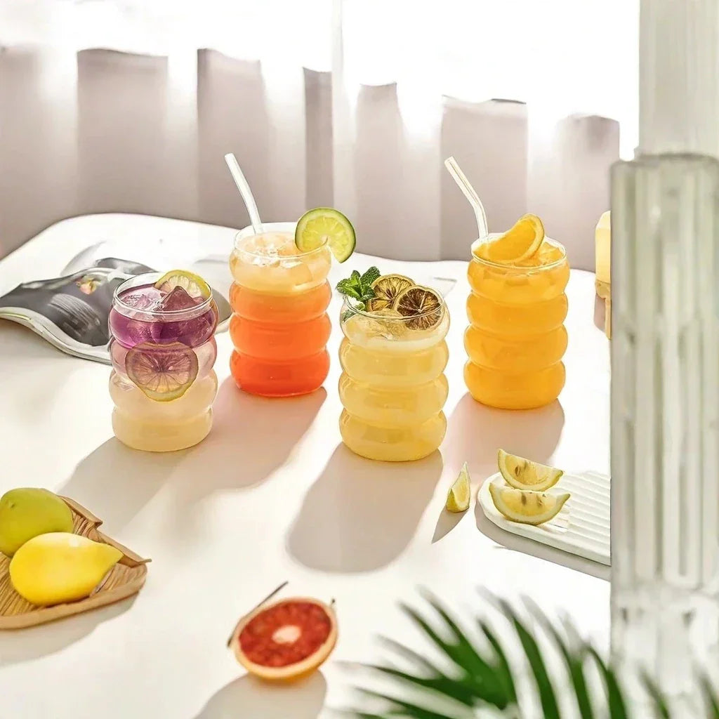 4pcs Creative Glass Cups Coffee Mug Clear Drinking Glasses Ribbed Glassware Cups With Straws Set Cocktail Fruit Glass Drinkware
