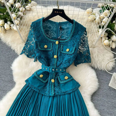 Designer 2025 Summer Pleated Chiffon Lace Long Dress Women Flower Embroidery Gold Button Belt Evening Party Dresses Wedding Robe