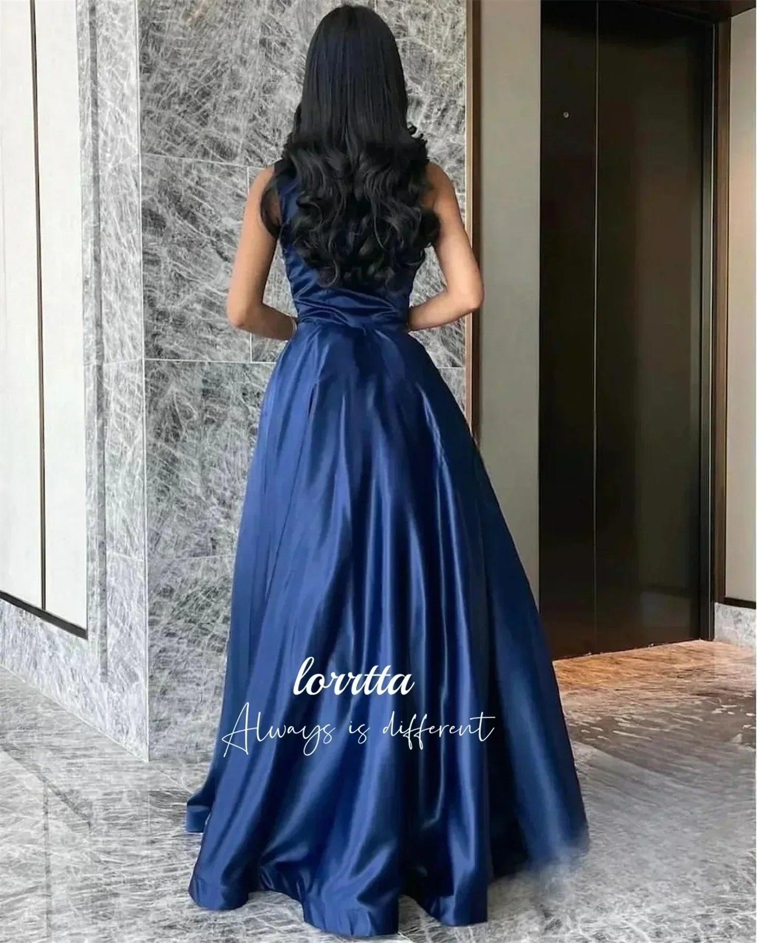 Luxury woman women’s evening dress dark blue satin glitter trim line a graduation dresses party elegant prom wedding