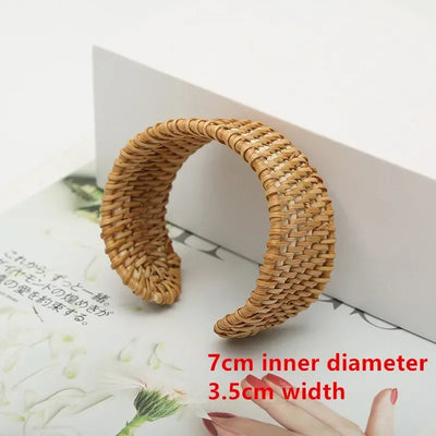 Bohemian Female Fashion Wood Bamboo Rattan Weave Handmade Bangles Big Bracelets For Women Boho Beach Style Ladies Jewelry Gifts