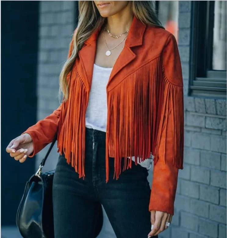 Fringed Bomber Jacket Women Long Sleeve Turn-down Collar