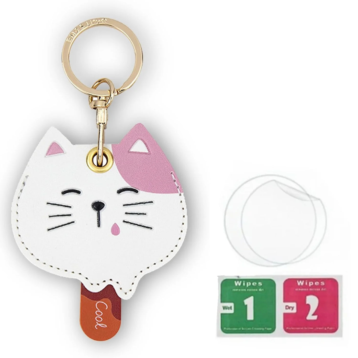 White leather cat keychain with pink ears, cool popsicle design and hand straps for AirTag