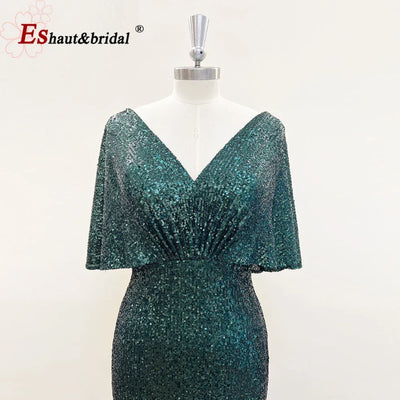 Elegant Sequin Evening Dresses for Women 2025 V Neck Mermaid Cape Sleeves Plus Size Wedding Prom Formal Party Gowns Customized