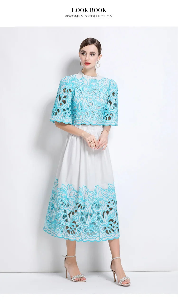 Summer Short Sleeve A-LINE Set Skirt for Women Fashion Ruffled Collar Embroidery Set Skirt Women Vestidos De Verano Mujer Q344