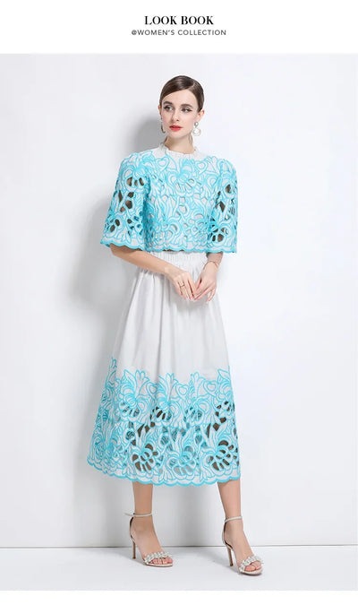 Summer Short Sleeve A-LINE Set Skirt for Women Fashion Ruffled Collar Embroidery Set Skirt Women Vestidos De Verano Mujer Q344