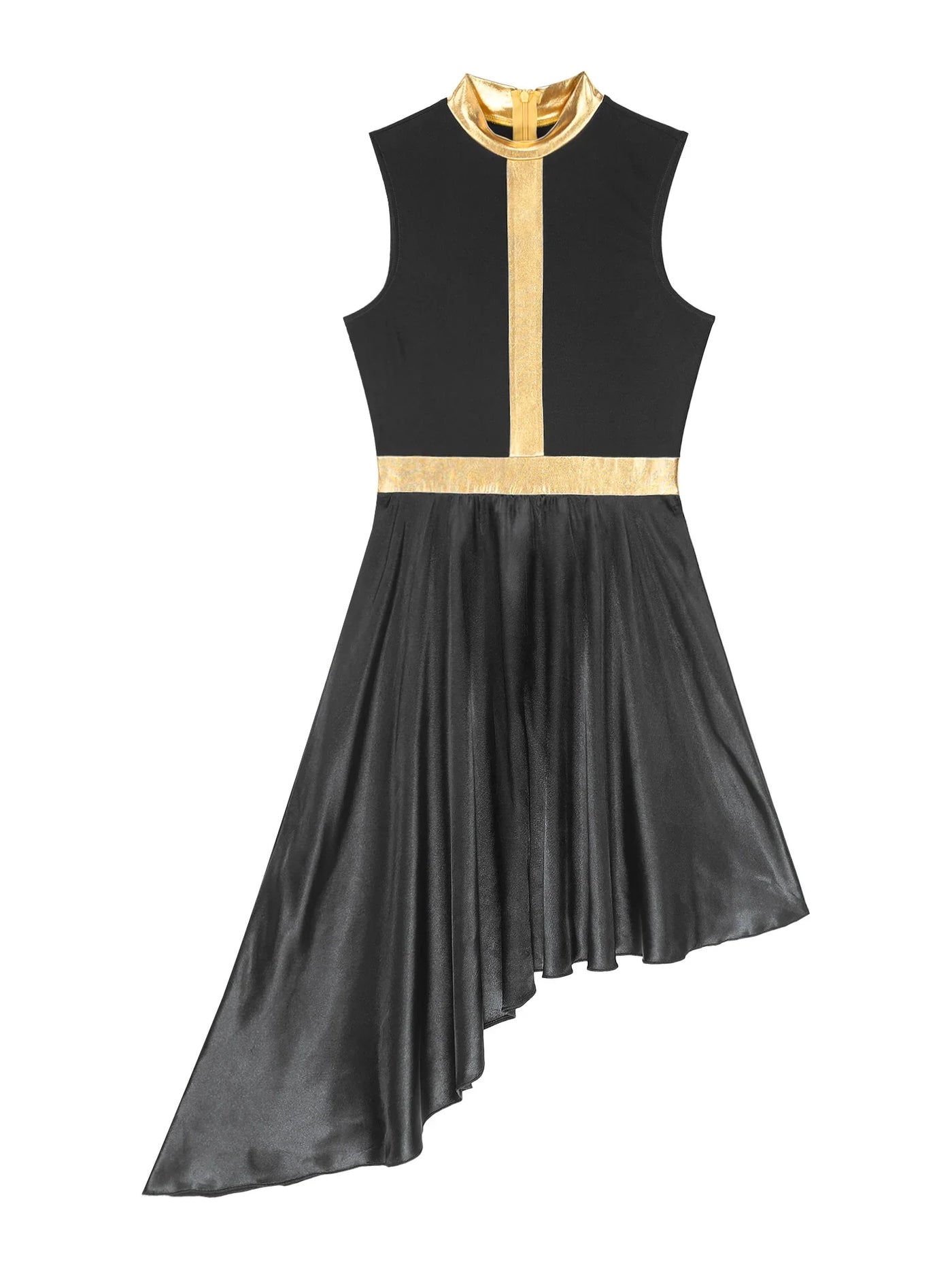 Women Lyrical Dance Dress Color Block Patchwork Invisible Zipper Back Flowy Asymmetrical Hem Sleeveless Dresses Dancewear