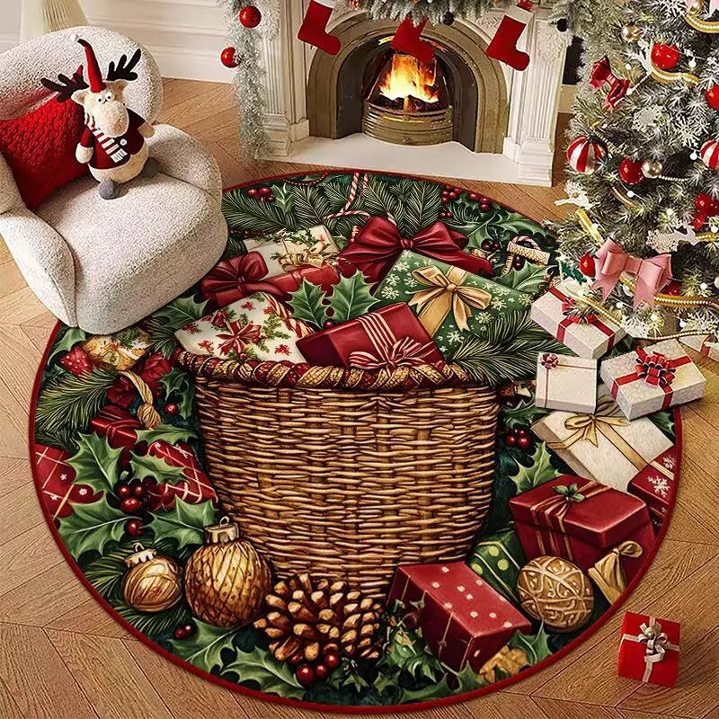 Christmas Stocking Gift Basket Carpet Mat Poinsettia Holly Rug Red Green Gold Festive Non-slip Home Decoration for Living Room