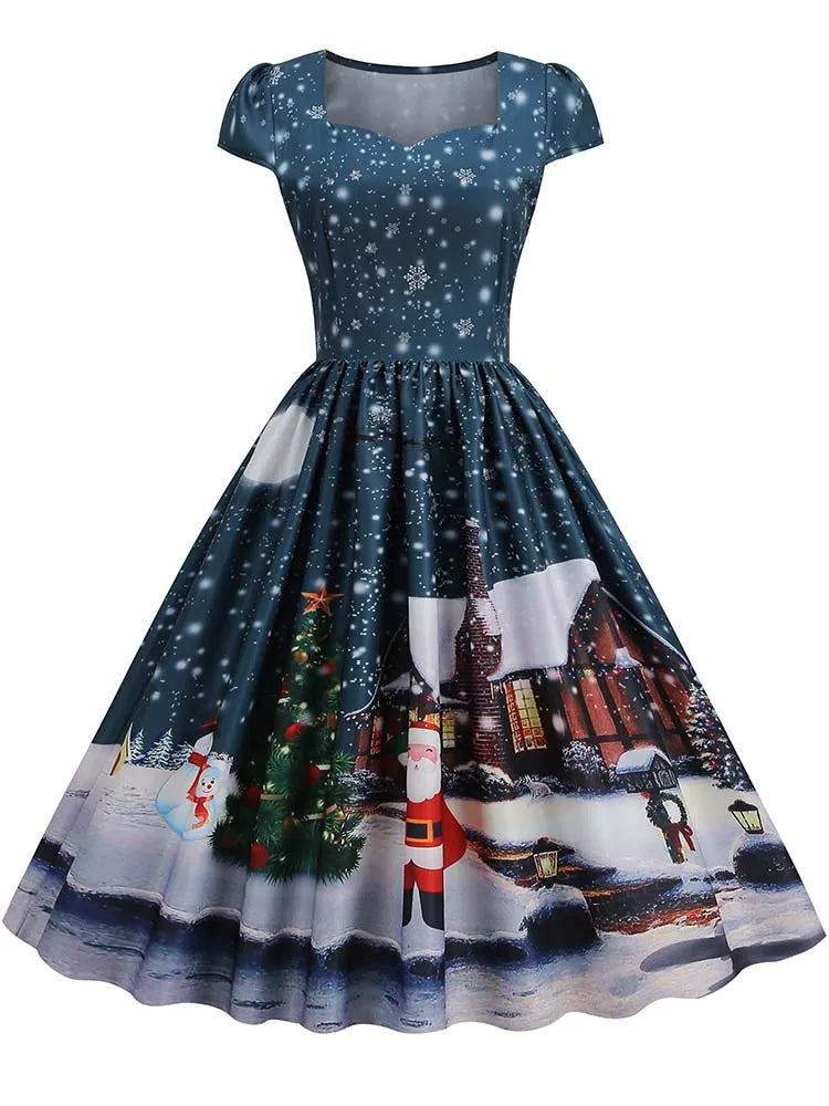 Christmas Dresses for Women Winter Pinup Rockabilly Sexy Cosplay Party Dress Santa Claus Snow Print Cocktail Prom Dress