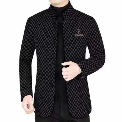 High Quality Men's Blazers Business Casual Stand Collar Woolen Jacket Classic Plaid Retro Versatile Tops Streetwear Coats