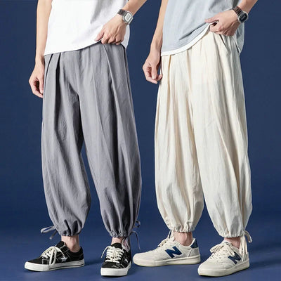 Wide leg Pants Men Streetwear Baggy Loose Pants M-8XL Plus size Ankle length Trousers cotton linen pants Black white khaki