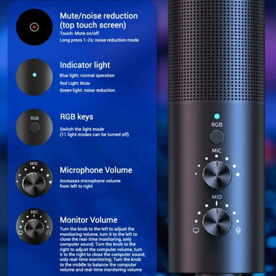 Gaming USB Microphone,Noise Cancellation Condenser mic,RGB Microphone with Mute,Gain,Monitoring,Boom Arm,Pop Filter for Phone,PC