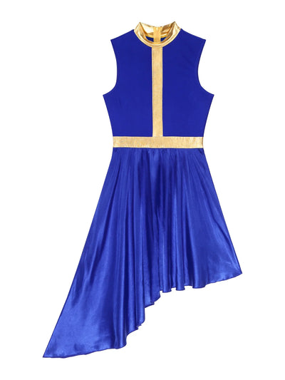 Women Lyrical Dance Dress Color Block Patchwork Invisible Zipper Back Flowy Asymmetrical Hem Sleeveless Dresses Dancewear