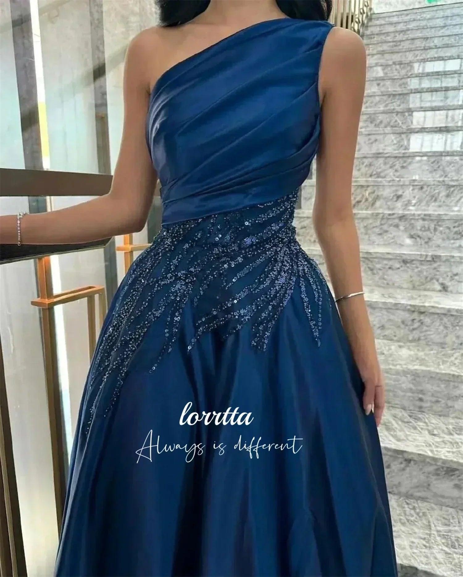 Luxury woman women’s evening dress dark blue satin glitter trim line a graduation dresses party elegant prom wedding