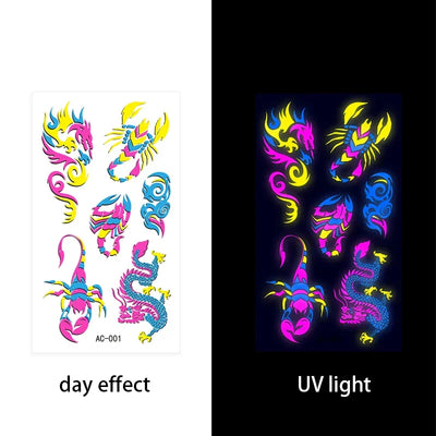 Temporary Fluorescent Tattoos Flower Feather Animals Pattern Body Arm Leg Face Stickers Night Bar Party Music Festival
